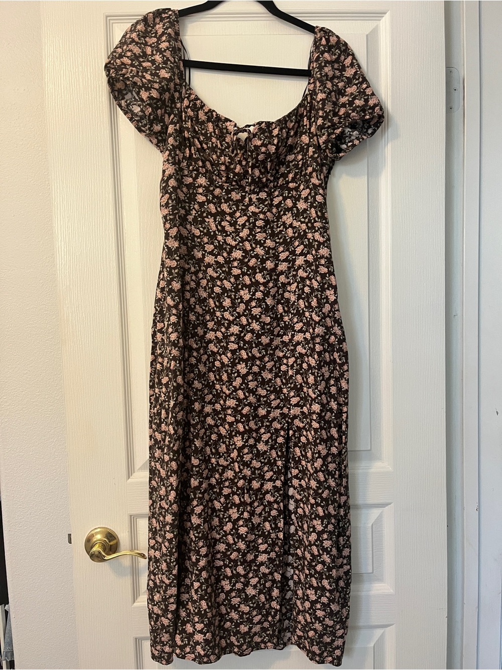 Floral Puff-Sleeve Midi Dress - Black with Pink Floral